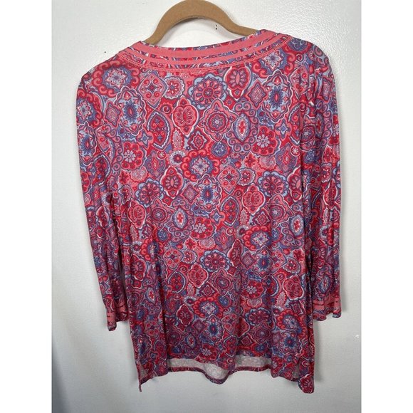 Talbots Large Womens Tunic Top Pink Colorful 3/4 Sleeve Cotton Modal Split VNeck - Picture 8 of 9